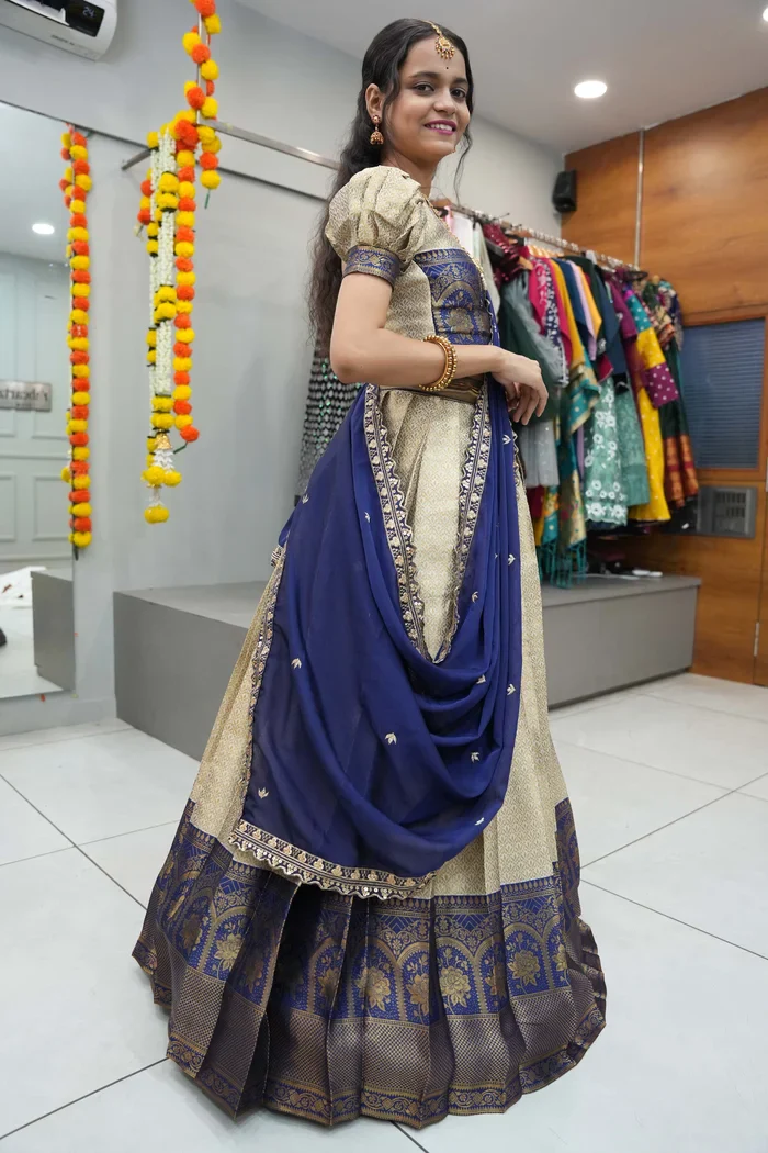 Women's Woven Design zari work Half Saree with Embroidered Blouse and Dupatta Oye!!Pattu - Image 24