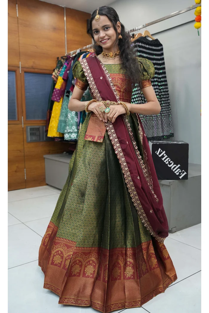 Women's Woven Design zari work Half Saree with Embroidered Blouse and Dupatta Oye!!Pattu - Image 29