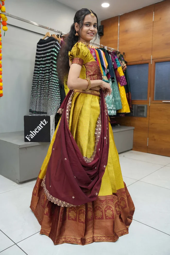 Women's Woven Design zari work Half Saree with Embroidered Blouse and Dupatta Oye!!Pattu - Image 3