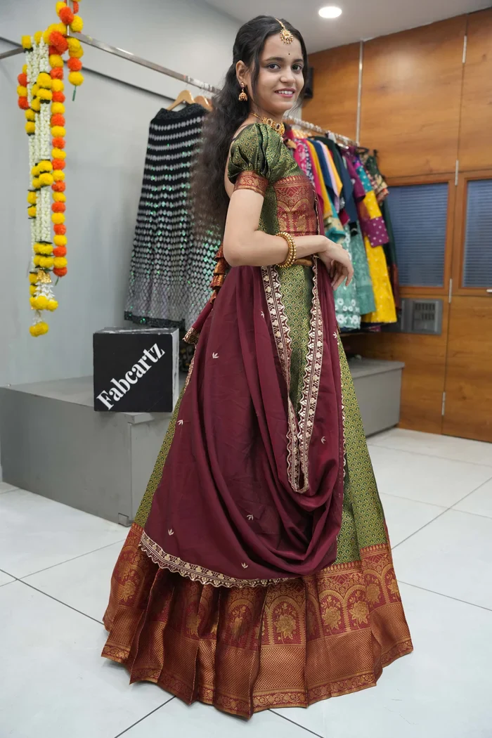 Women's Woven Design zari work Half Saree with Embroidered Blouse and Dupatta Oye!!Pattu - Image 30
