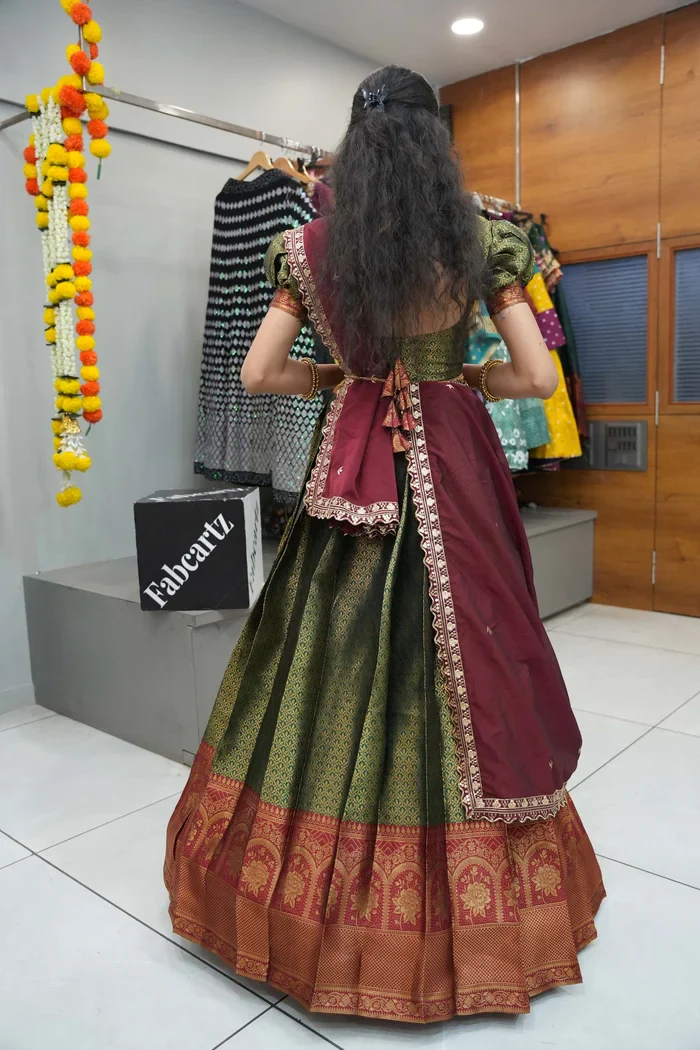 Women's Woven Design zari work Half Saree with Embroidered Blouse and Dupatta Oye!!Pattu - Image 31