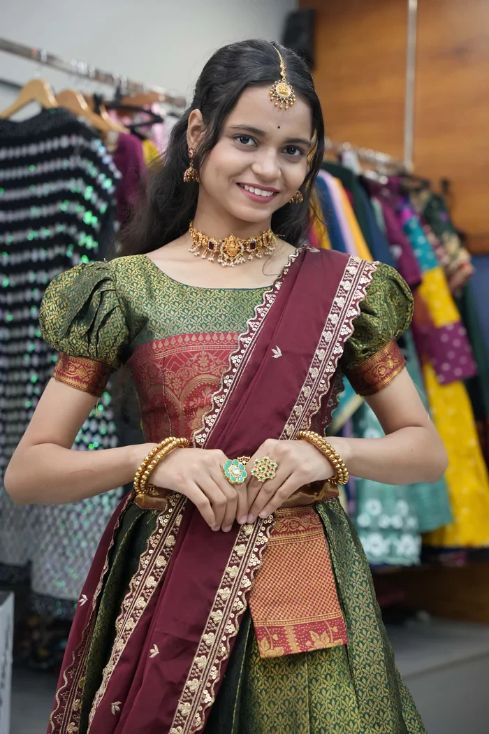 Women's Woven Design zari work Half Saree with Embroidered Blouse and Dupatta Oye!!Pattu - Image 32