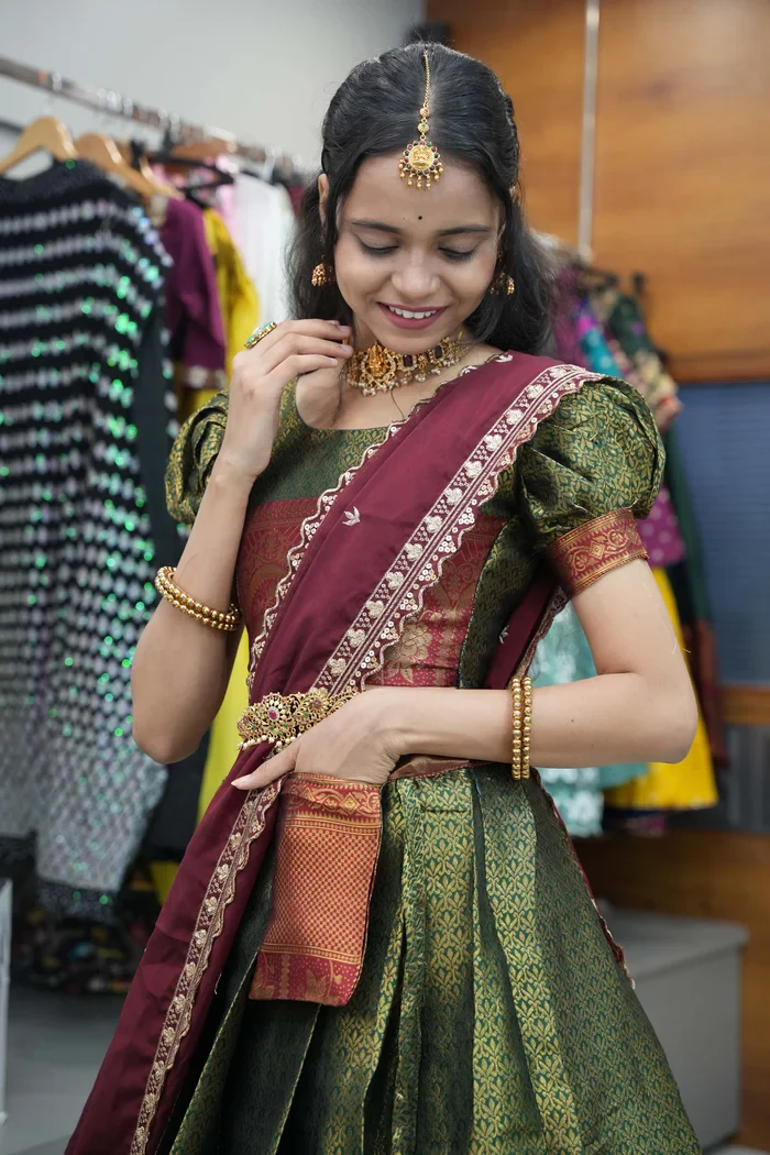 Women's Woven Design zari work Half Saree with Embroidered Blouse and Dupatta Oye!!Pattu - Image 33