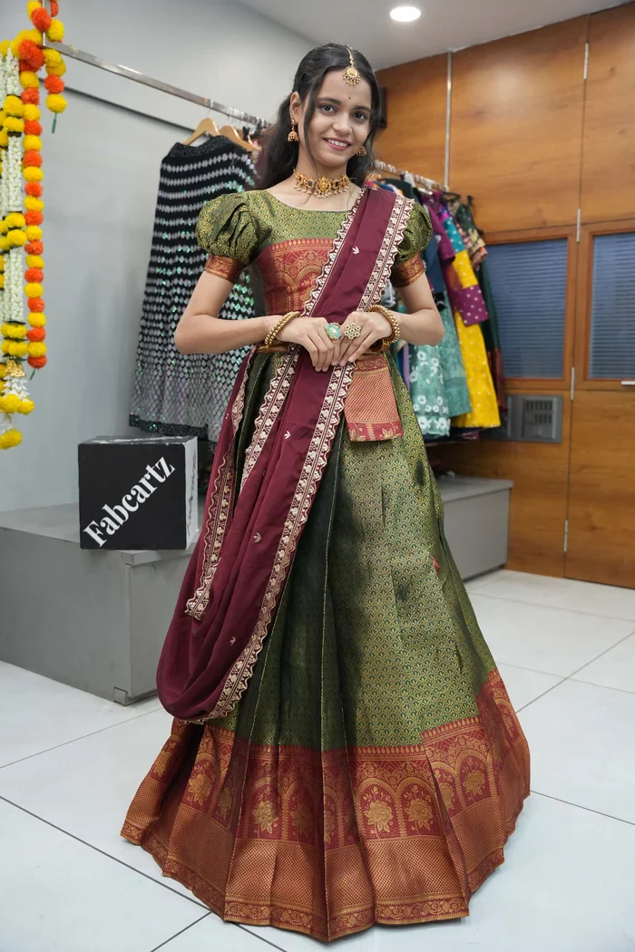Women's Woven Design zari work Half Saree with Embroidered Blouse and Dupatta Oye!!Pattu - Image 34