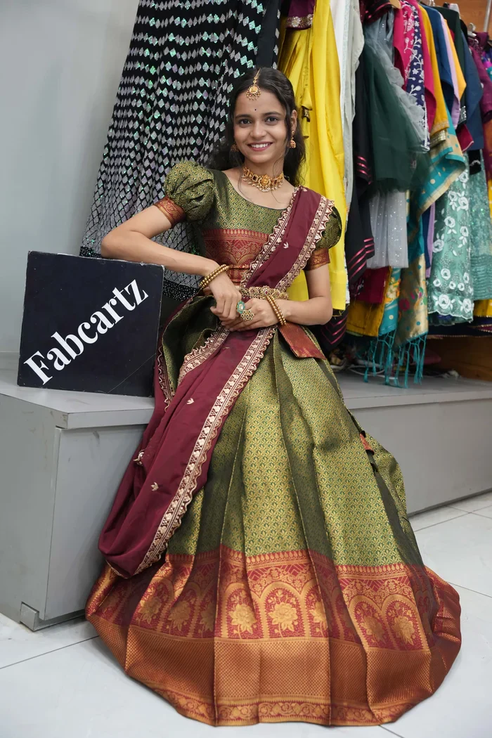 Women's Woven Design zari work Half Saree with Embroidered Blouse and Dupatta Oye!!Pattu - Image 36