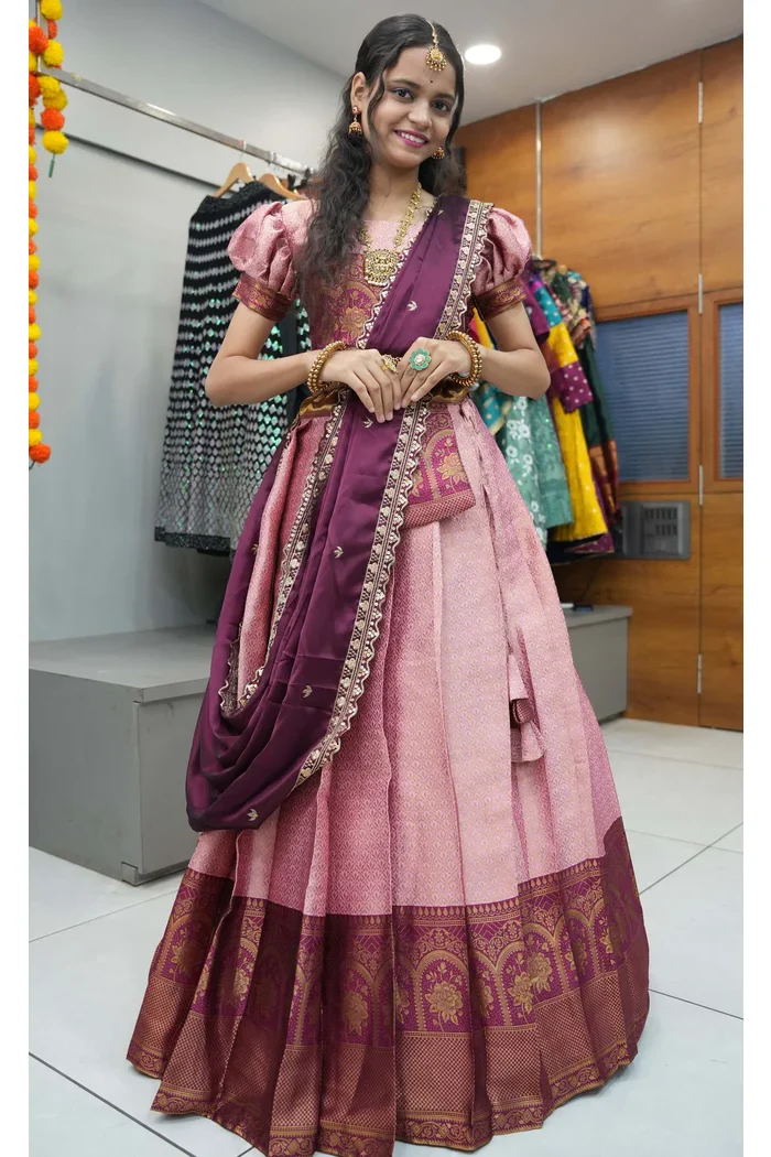 Women's Woven Design zari work Half Saree with Embroidered Blouse and Dupatta Oye!!Pattu - Image 37