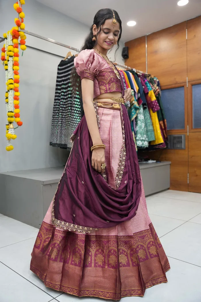 Women's Woven Design zari work Half Saree with Embroidered Blouse and Dupatta Oye!!Pattu - Image 38