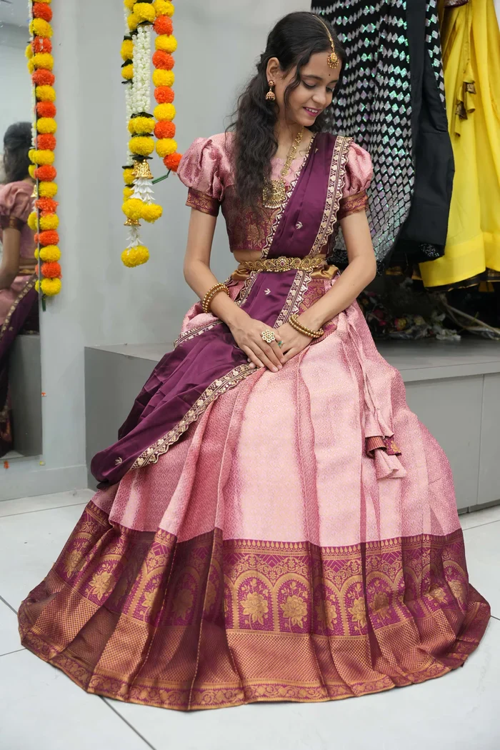 Women's Woven Design zari work Half Saree with Embroidered Blouse and Dupatta Oye!!Pattu - Image 42