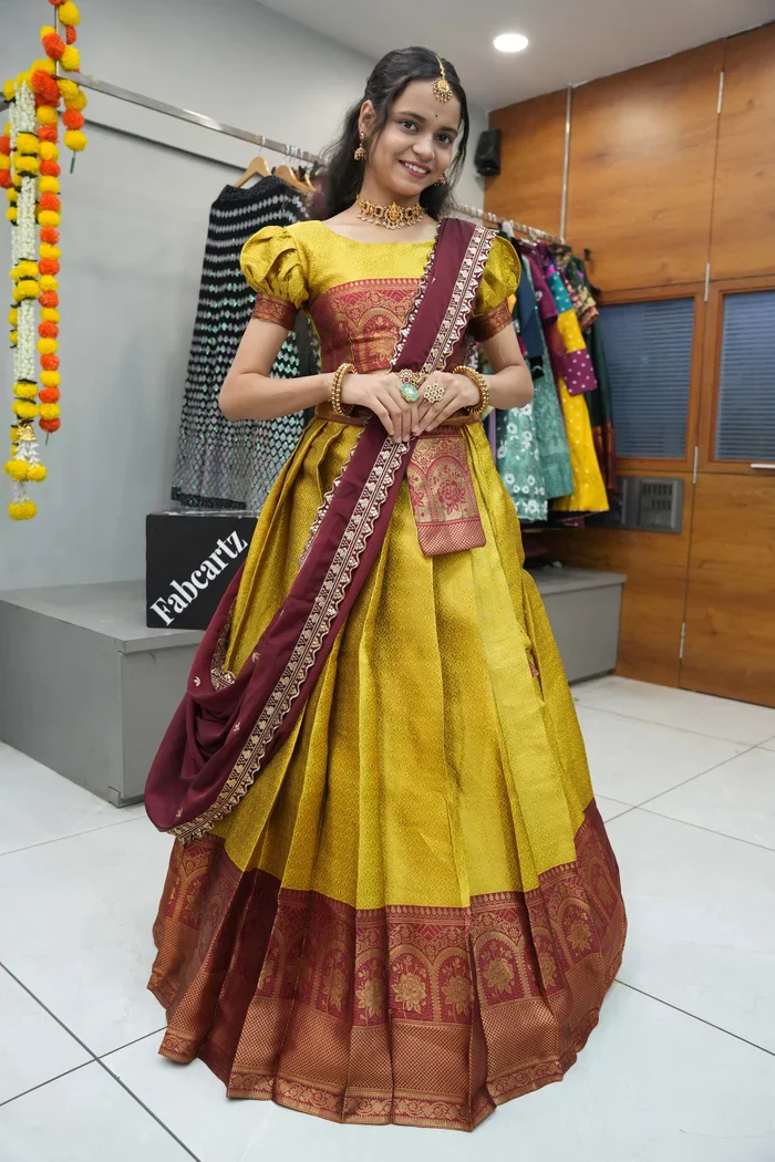 Women's Woven Design zari work Half Saree with Embroidered Blouse and Dupatta Oye!!Pattu - Image 5
