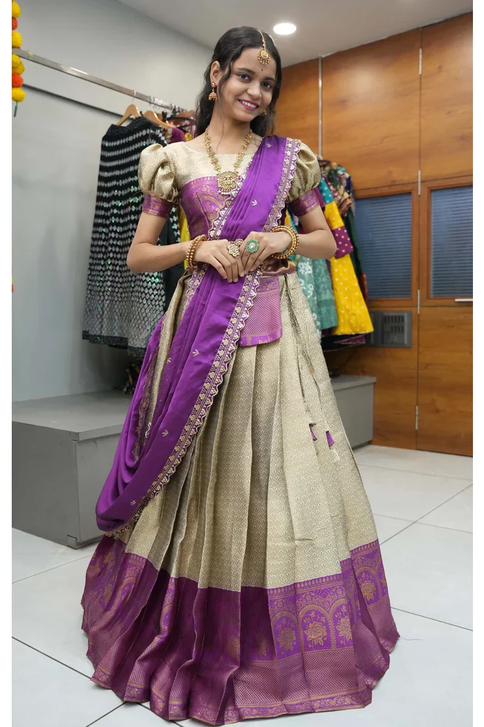 Women's Woven Design zari work Half Saree with Embroidered Blouse and Dupatta Oye!!Pattu - Image 83