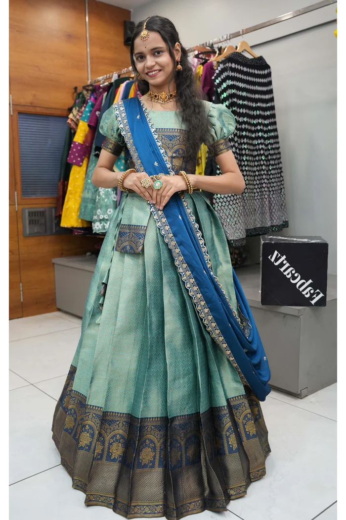 Women's Woven Design zari work Half Saree with Embroidered Blouse and Dupatta Oye!!Pattu - Image 9