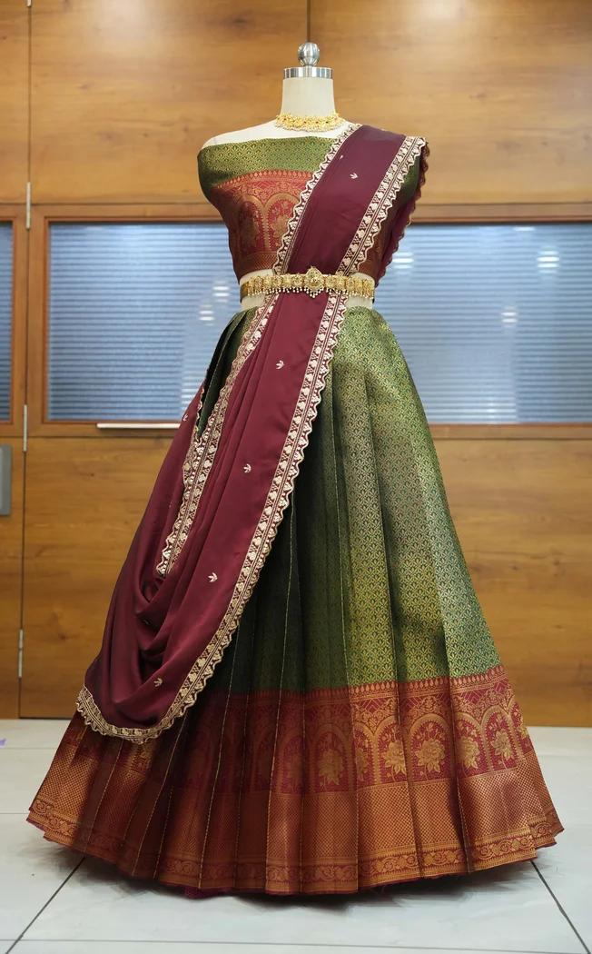 Women's Woven Design zari work Half Saree with Embroidered Blouse and Dupatta Oye!!Pattu - Image 19