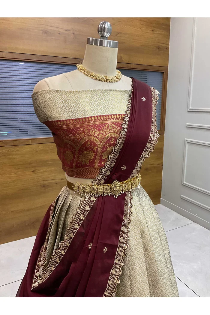 Women's Woven Design zari work Half Saree with Embroidered Blouse and Dupatta Oye!!Pattu - Image 97