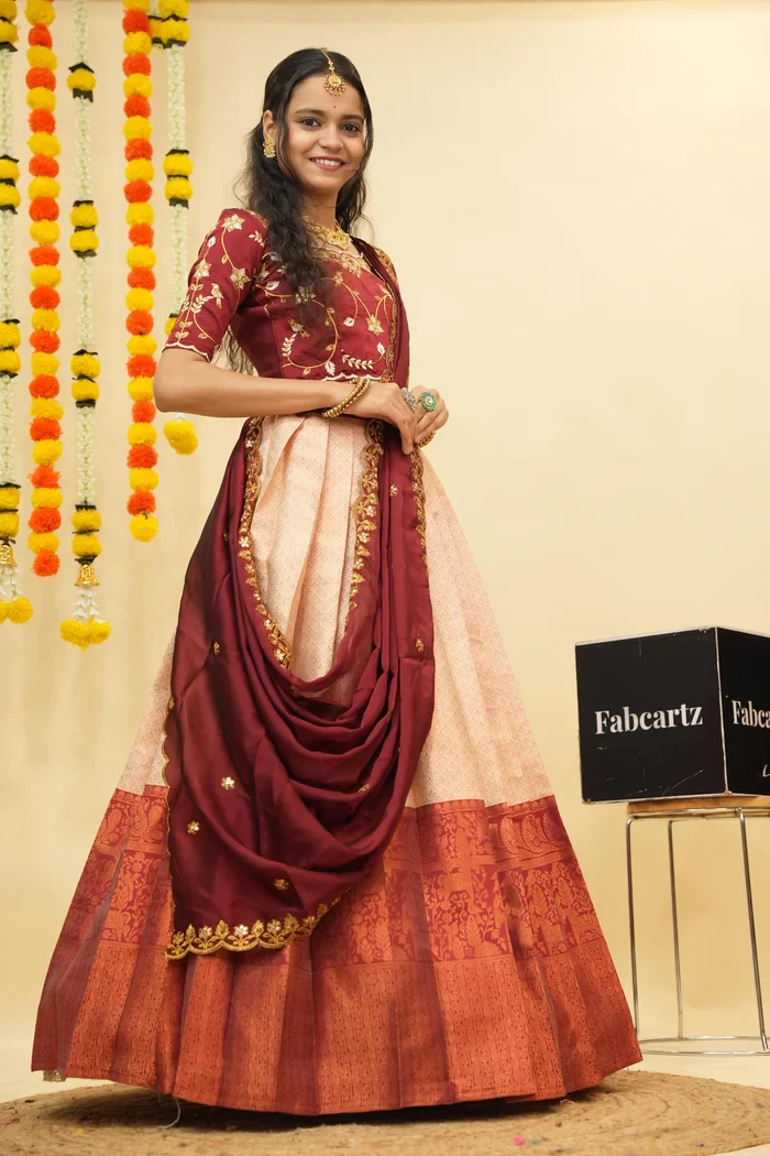 Women's Woven Design zari work Half Saree with Embroidered Blouse and Dupatta PihuPattu - Image 30