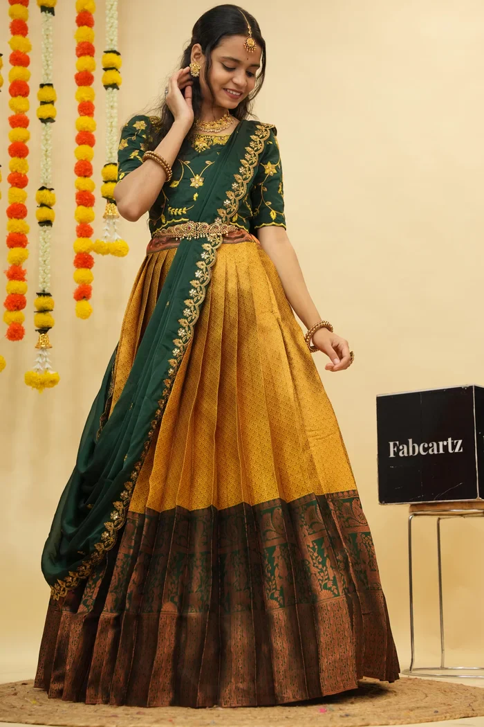 Women's Woven Design zari work Half Saree with Embroidered Blouse and Dupatta PihuPattu - Image 5