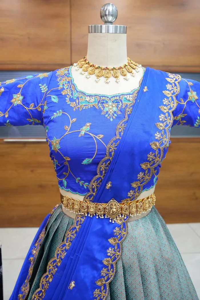 Women's Woven Design zari work Half Saree with Embroidered Blouse and Dupatta PihuPattu - Image 11