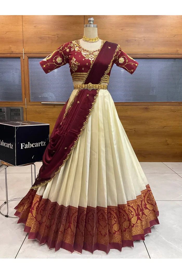 Women's Woven Design zari work Half Saree with Embroidered Blouse and Dupatta Pragna