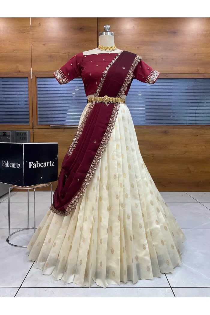 South Indian Festival Traditional Half Saree with Embroidered Blouse & Dupatta Ridhima - Image 11