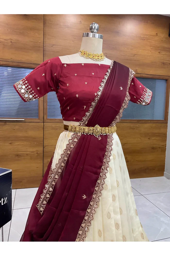 South Indian Festival Traditional Half Saree with Embroidered Blouse & Dupatta Ridhima - Image 13