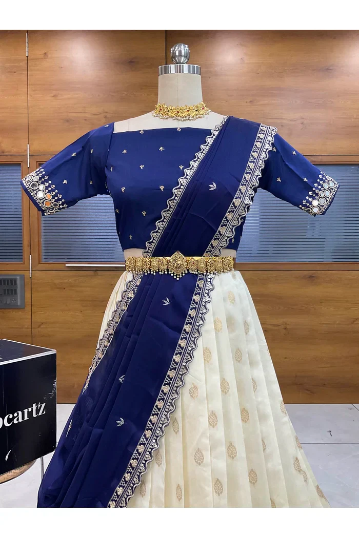 South Indian Festival Traditional Half Saree with Embroidered Blouse & Dupatta Ridhima - Image 17