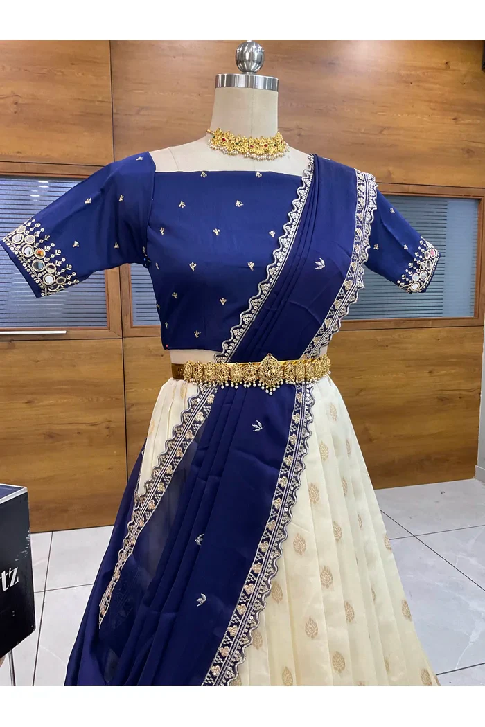 South Indian Festival Traditional Half Saree with Embroidered Blouse & Dupatta Ridhima - Image 18