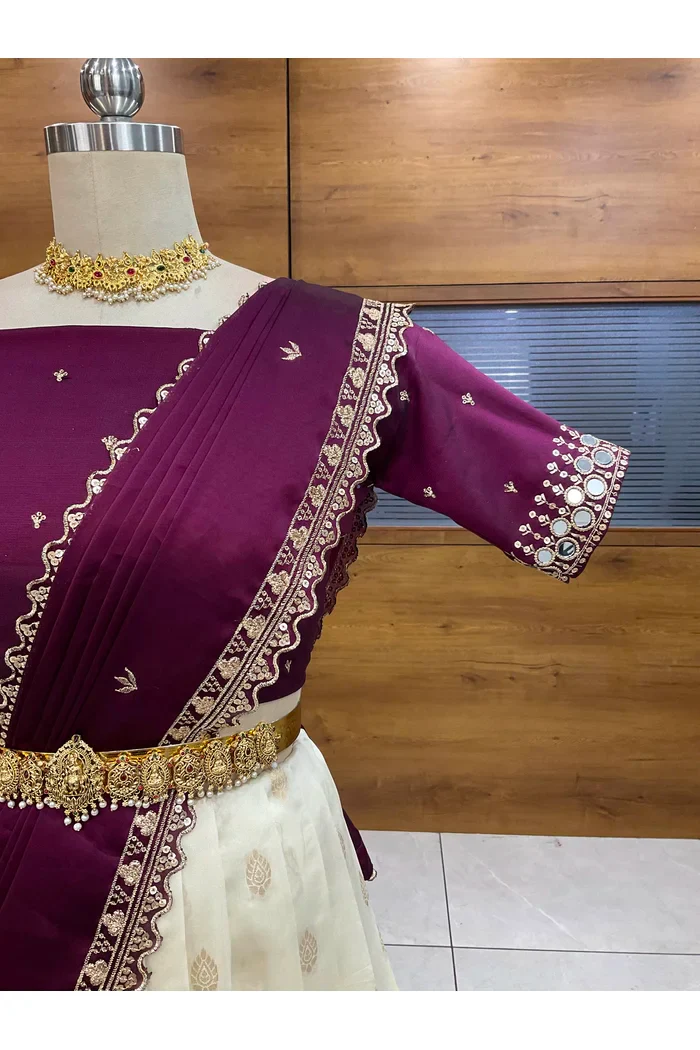 South Indian Festival Traditional Half Saree with Embroidered Blouse & Dupatta Ridhima - Image 25