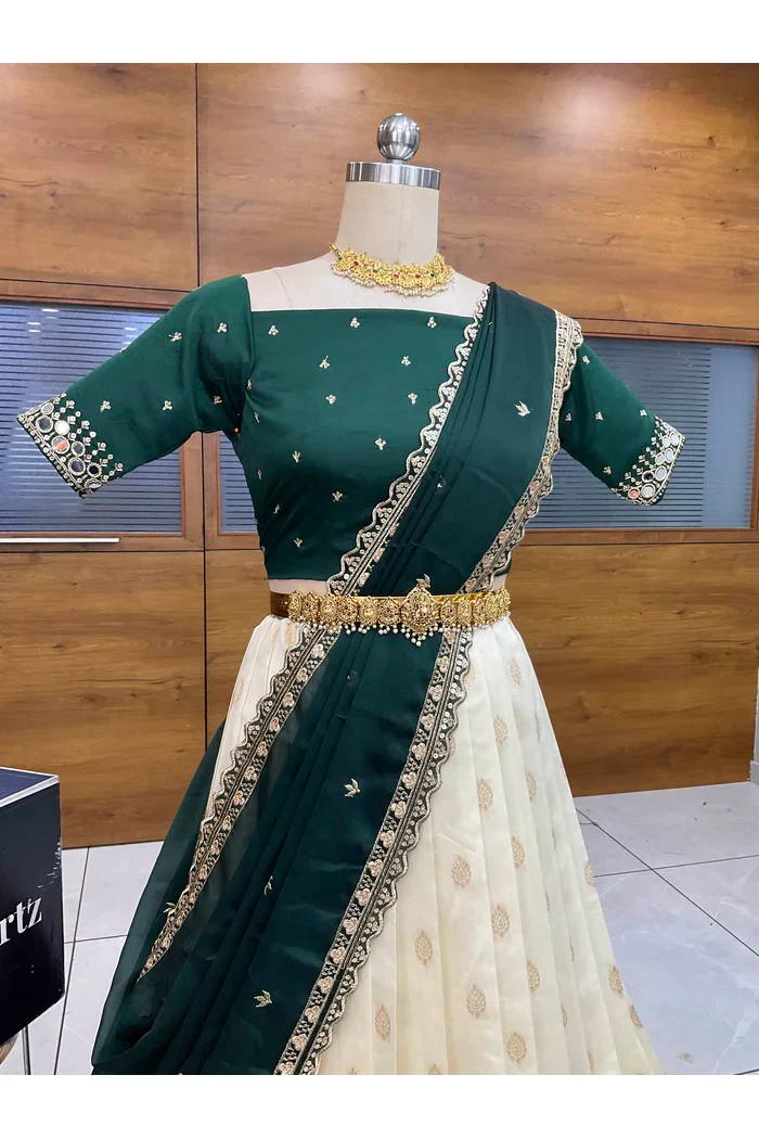 South Indian Festival Traditional Half Saree with Embroidered Blouse & Dupatta Ridhima - Image 3