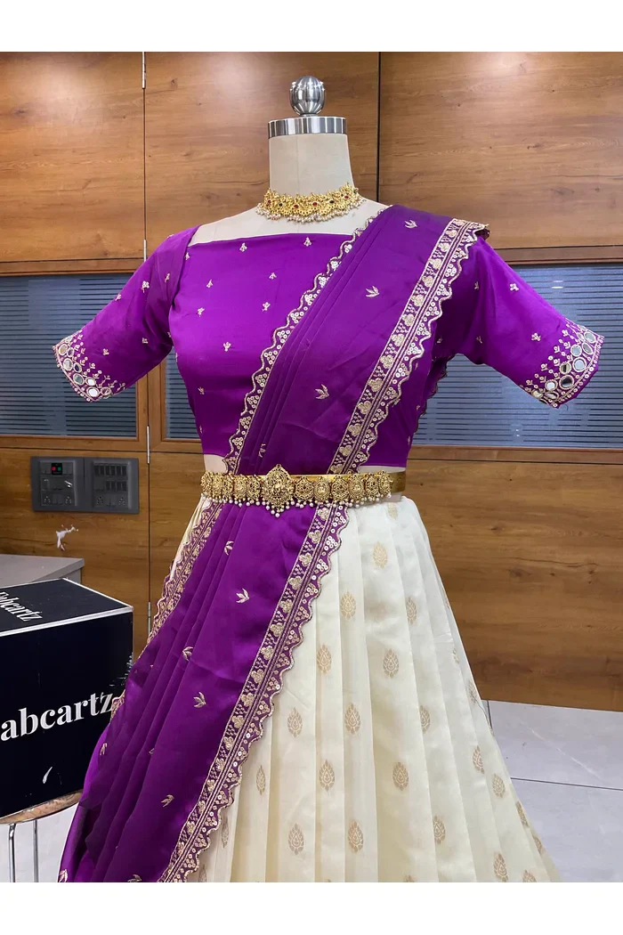 South Indian Festival Traditional Half Saree with Embroidered Blouse & Dupatta Ridhima - Image 9