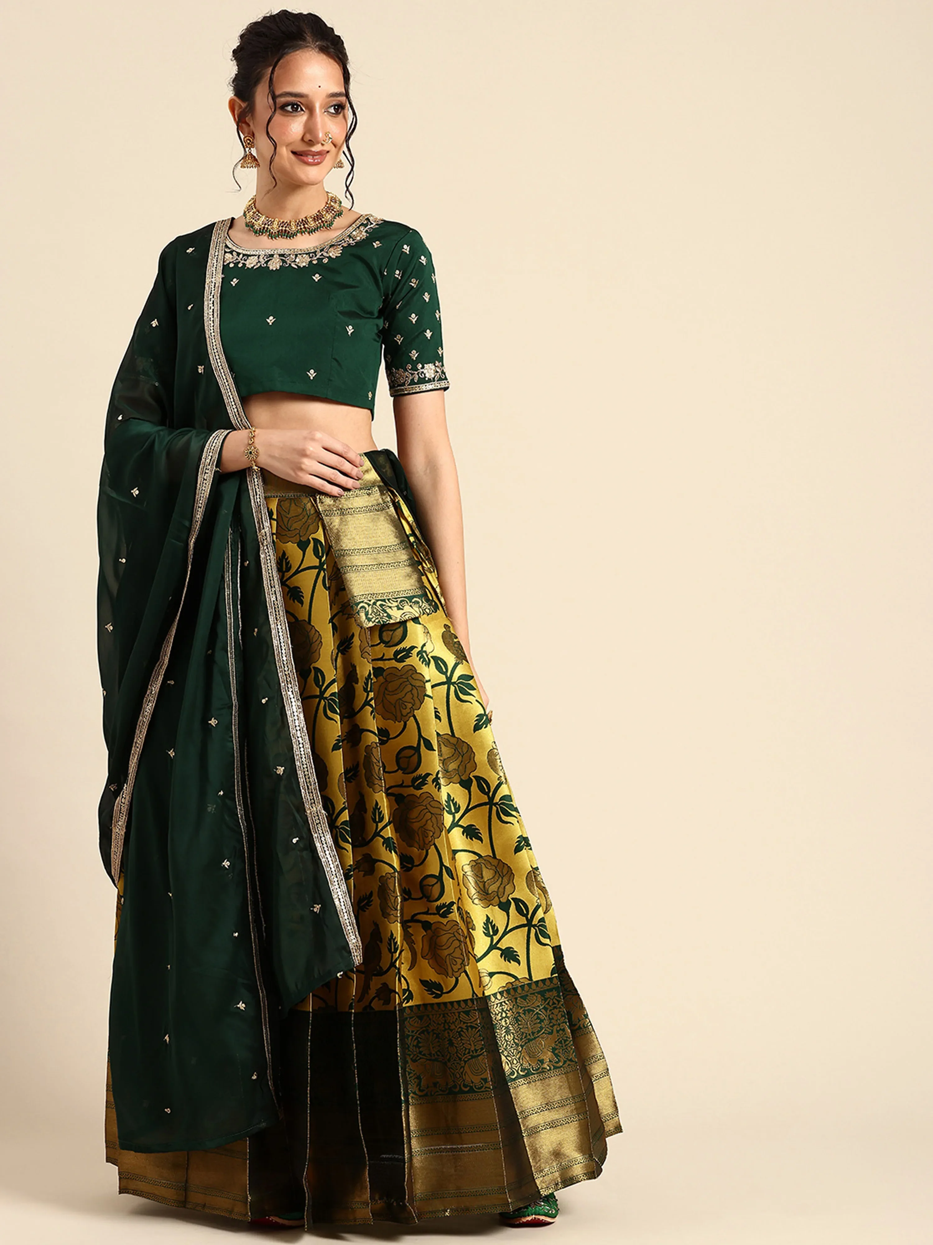 Women's Woven Design zari work Half Saree with Embroidered Blouse and Dupatta Rosie