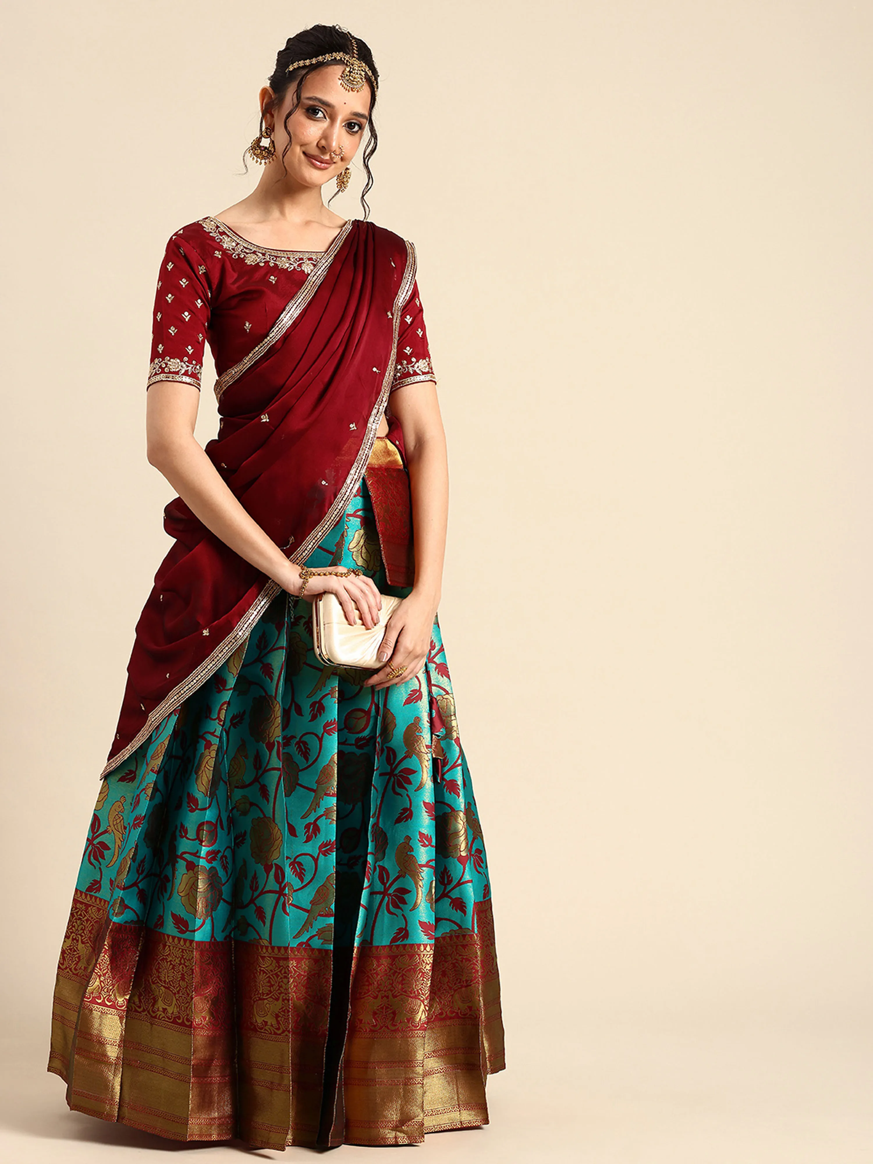 Women's Woven Design zari work Half Saree with Embroidered Blouse and Dupatta Rosie - Image 33