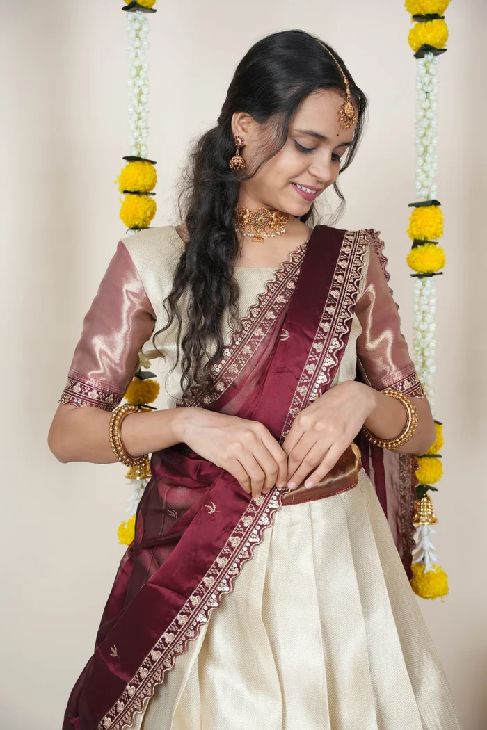 South Indian Festival Traditional Half Saree with Embroidered Blouse & Dupatta Kanika - Image 17