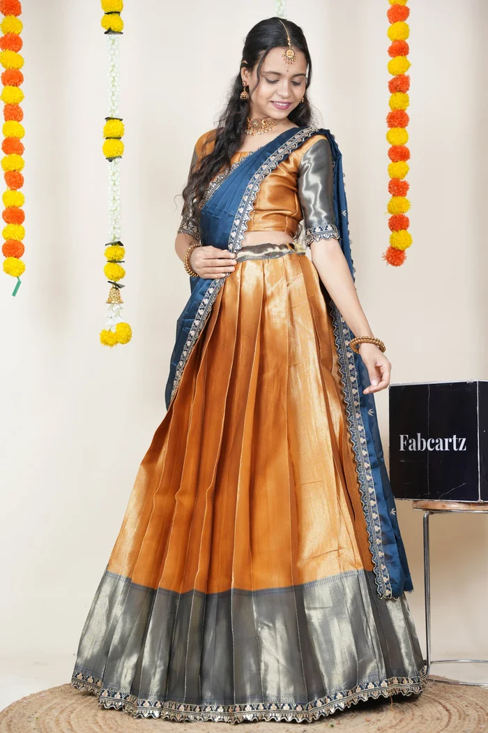 South Indian Festival Traditional Half Saree with Embroidered Blouse & Dupatta Kanika - Image 20