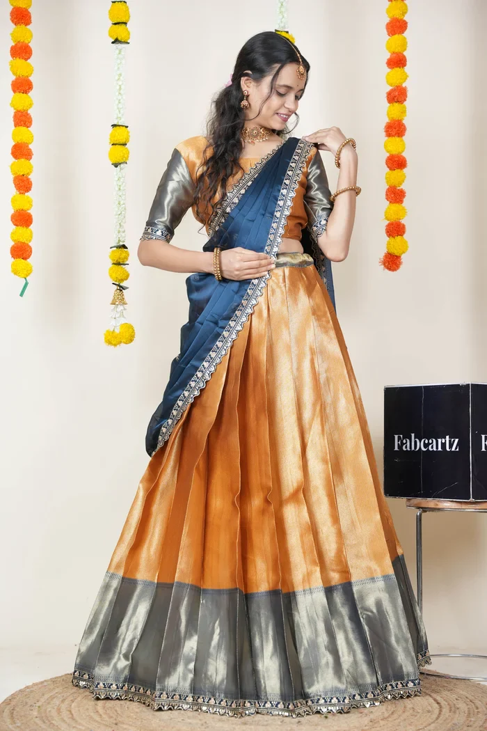 South Indian Festival Traditional Half Saree with Embroidered Blouse & Dupatta Kanika - Image 23