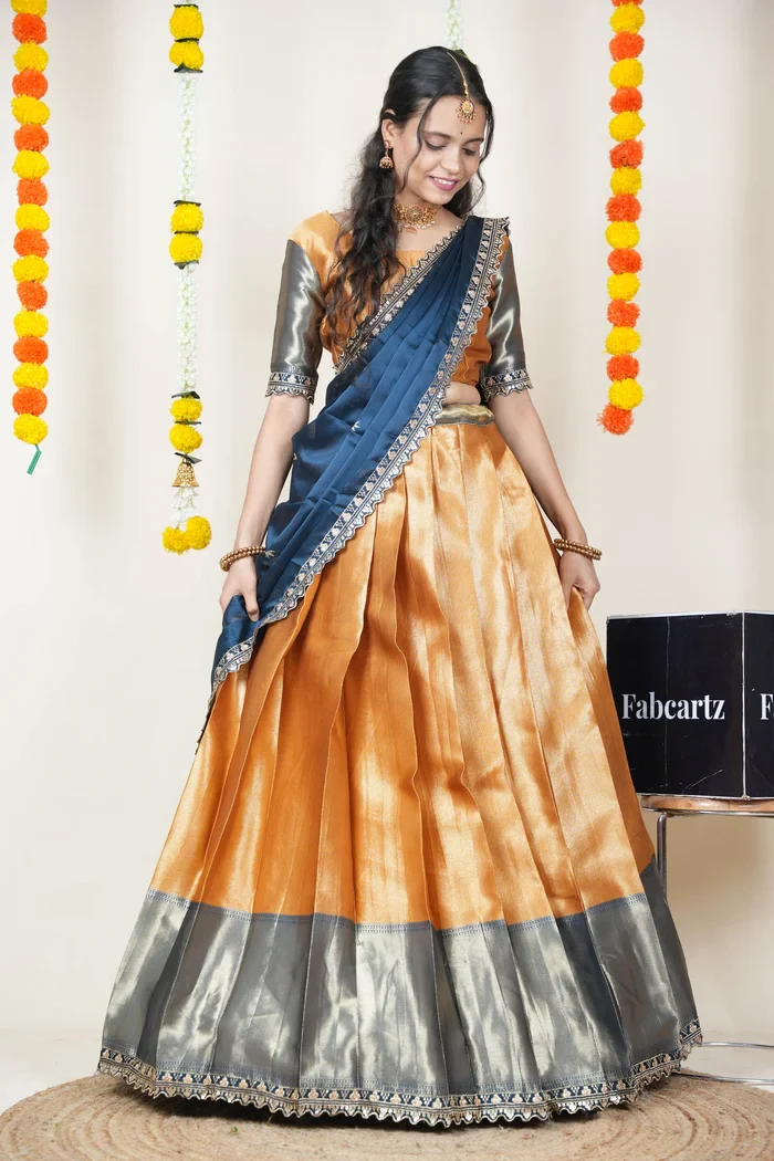 South Indian Festival Traditional Half Saree with Embroidered Blouse & Dupatta Kanika - Image 24