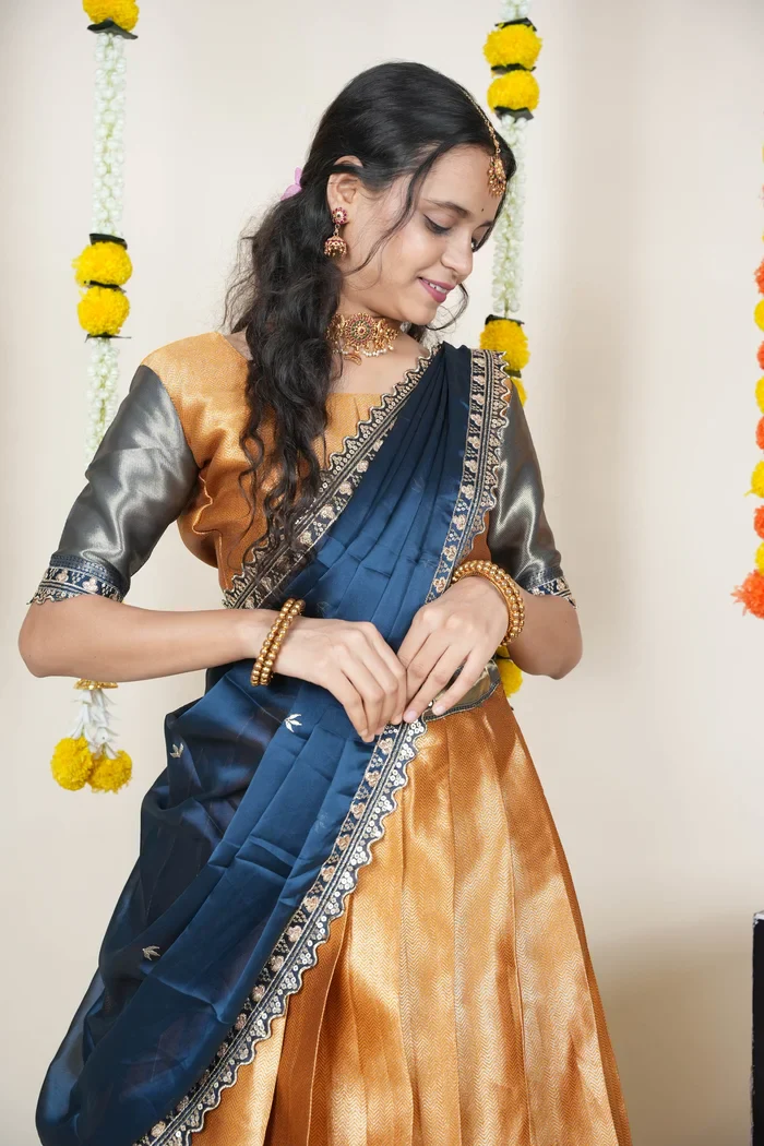 South Indian Festival Traditional Half Saree with Embroidered Blouse & Dupatta Kanika - Image 25
