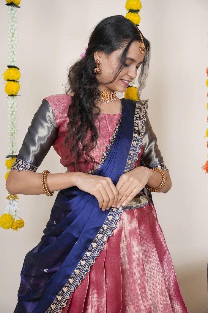 South Indian Festival Traditional Half Saree with Embroidered Blouse & Dupatta Kanika - Image 34
