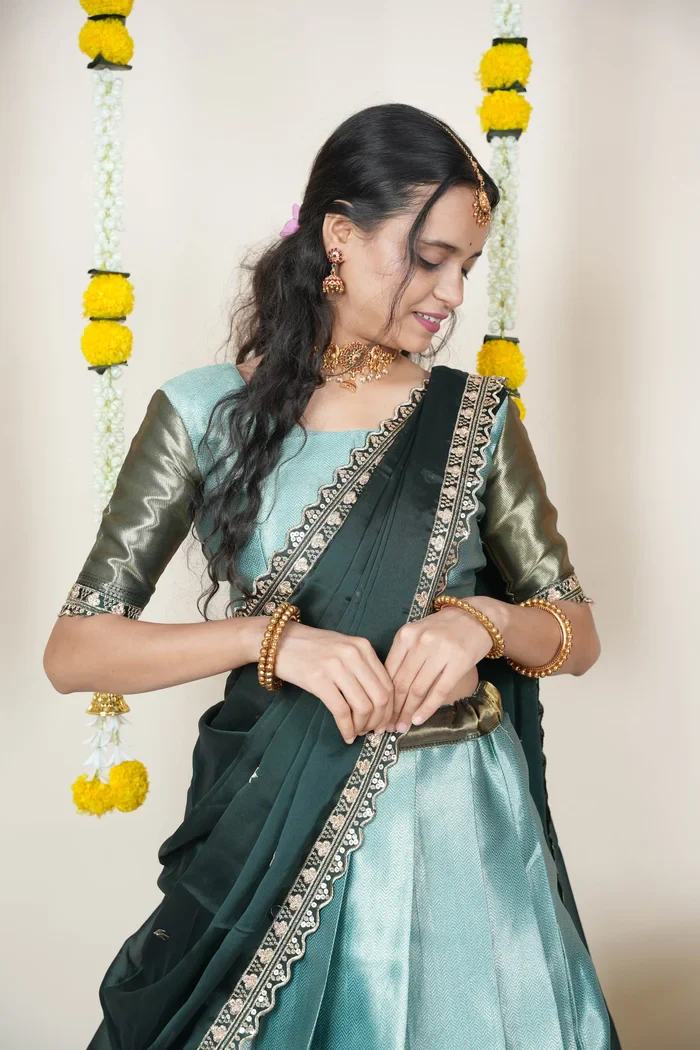 South Indian Festival Traditional Half Saree with Embroidered Blouse & Dupatta Kanika - Image 42