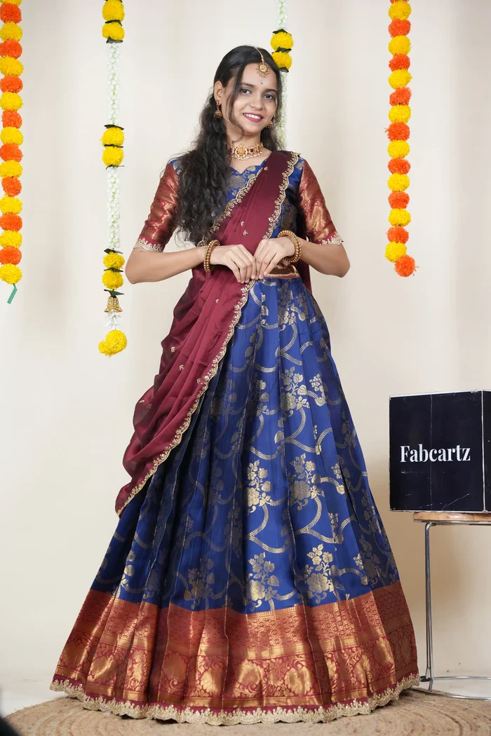 South Indian Festival Traditional Half Saree with Embroidered Blouse & Dupatta Maalti - Image 17