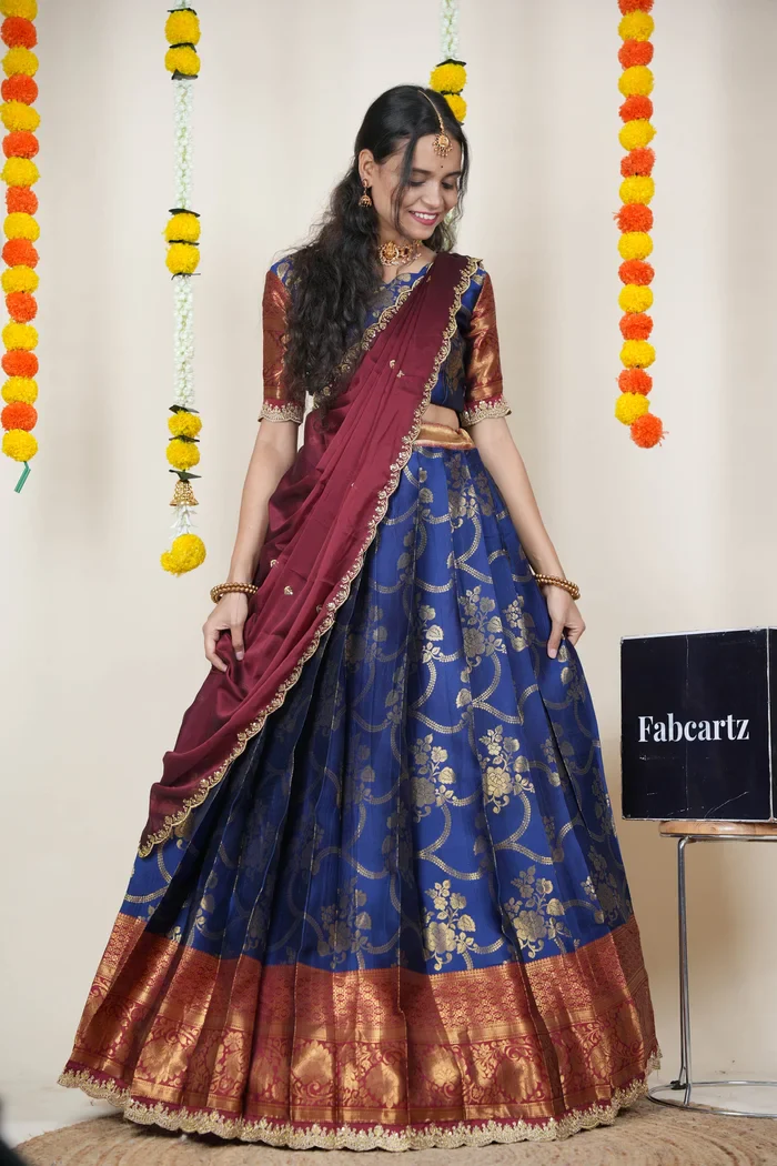South Indian Festival Traditional Half Saree with Embroidered Blouse & Dupatta Maalti - Image 22