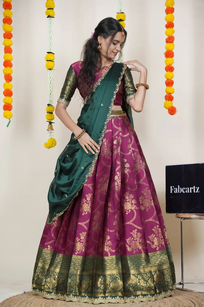 South Indian Festival Traditional Half Saree with Embroidered Blouse & Dupatta Maalti - Image 27