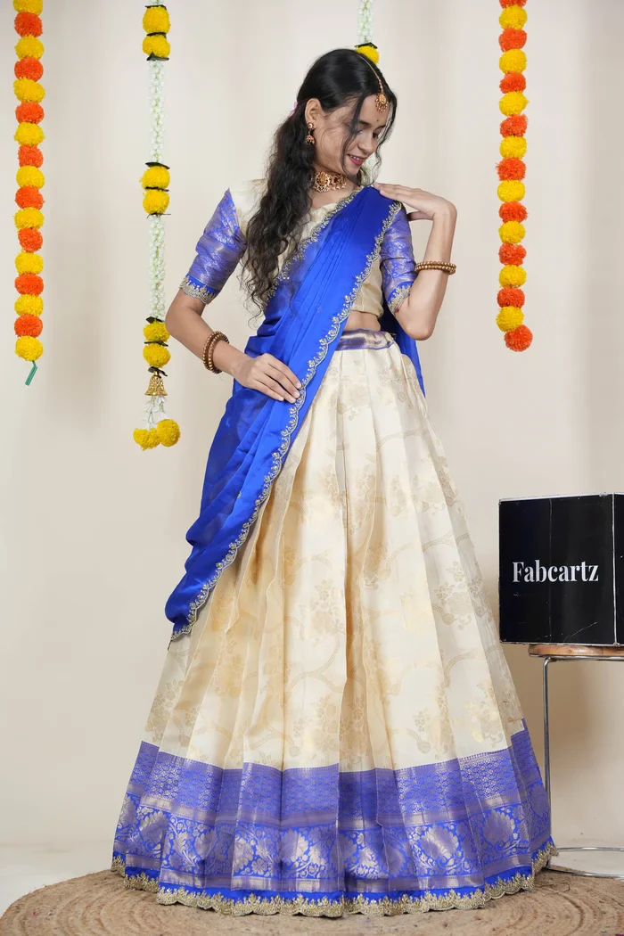 South Indian Festival Traditional Half Saree with Embroidered Blouse & Dupatta Maalti - Image 3