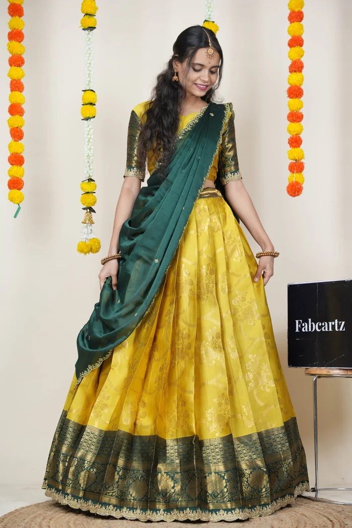 South Indian Festival Traditional Half Saree with Embroidered Blouse & Dupatta Maalti - Image 38