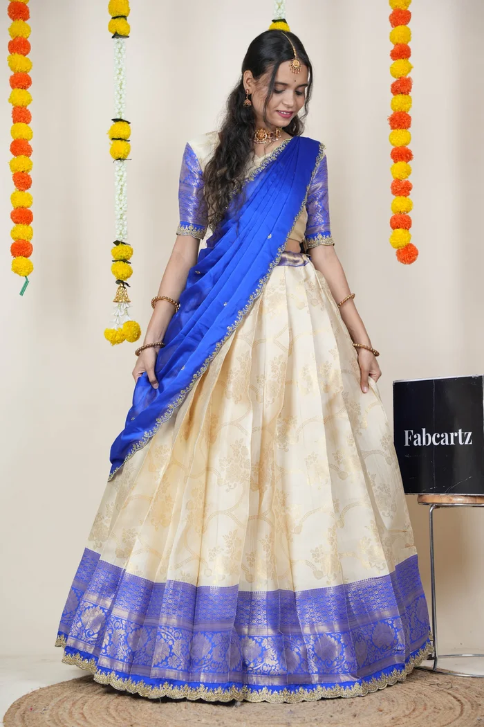 South Indian Festival Traditional Half Saree with Embroidered Blouse & Dupatta Maalti - Image 6