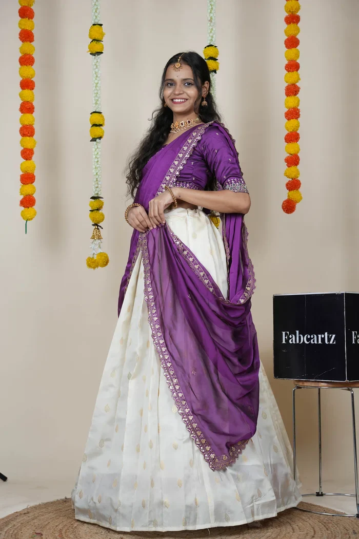 South Indian Festival Traditional Half Saree with Embroidered Blouse & Dupatta Ridhima - Image 12