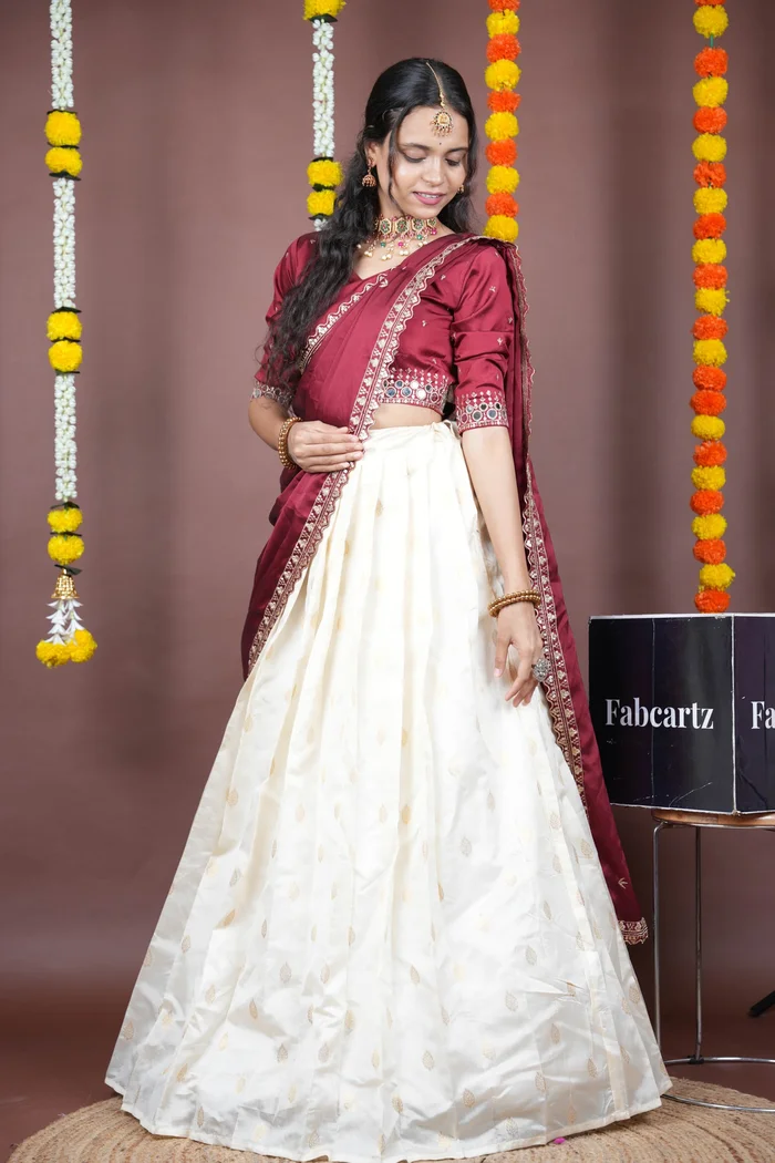 South Indian Festival Traditional Half Saree with Embroidered Blouse & Dupatta Ridhima - Image 18