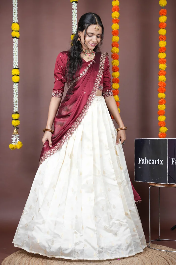 South Indian Festival Traditional Half Saree with Embroidered Blouse & Dupatta Ridhima - Image 22
