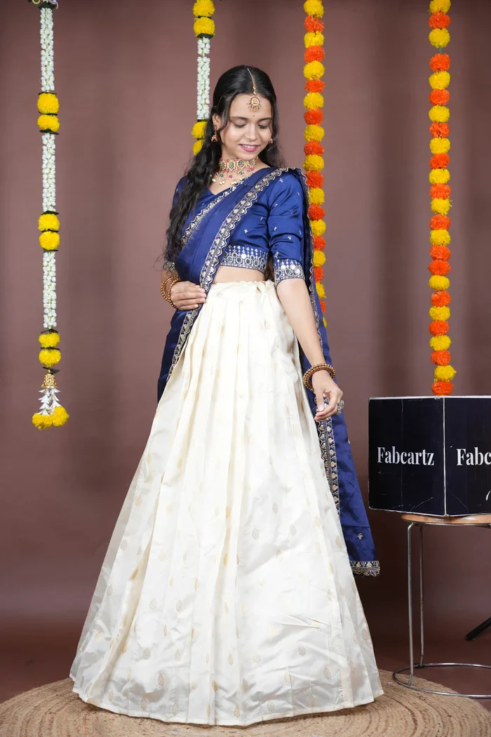 South Indian Festival Traditional Half Saree with Embroidered Blouse & Dupatta Ridhima - Image 25