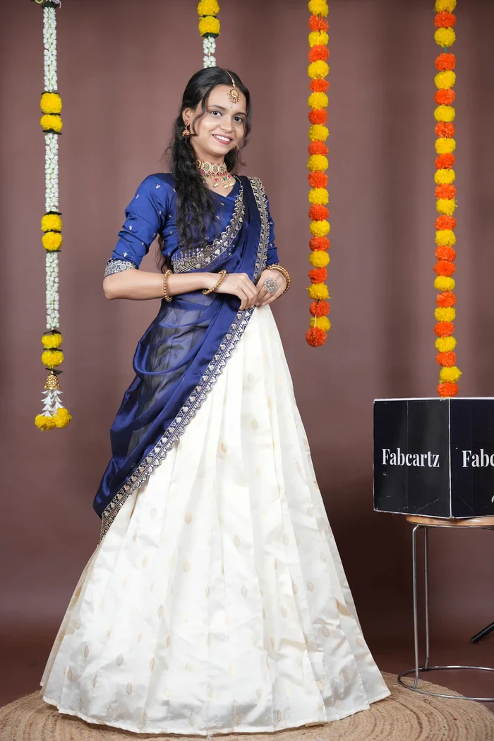 South Indian Festival Traditional Half Saree with Embroidered Blouse & Dupatta Ridhima - Image 26