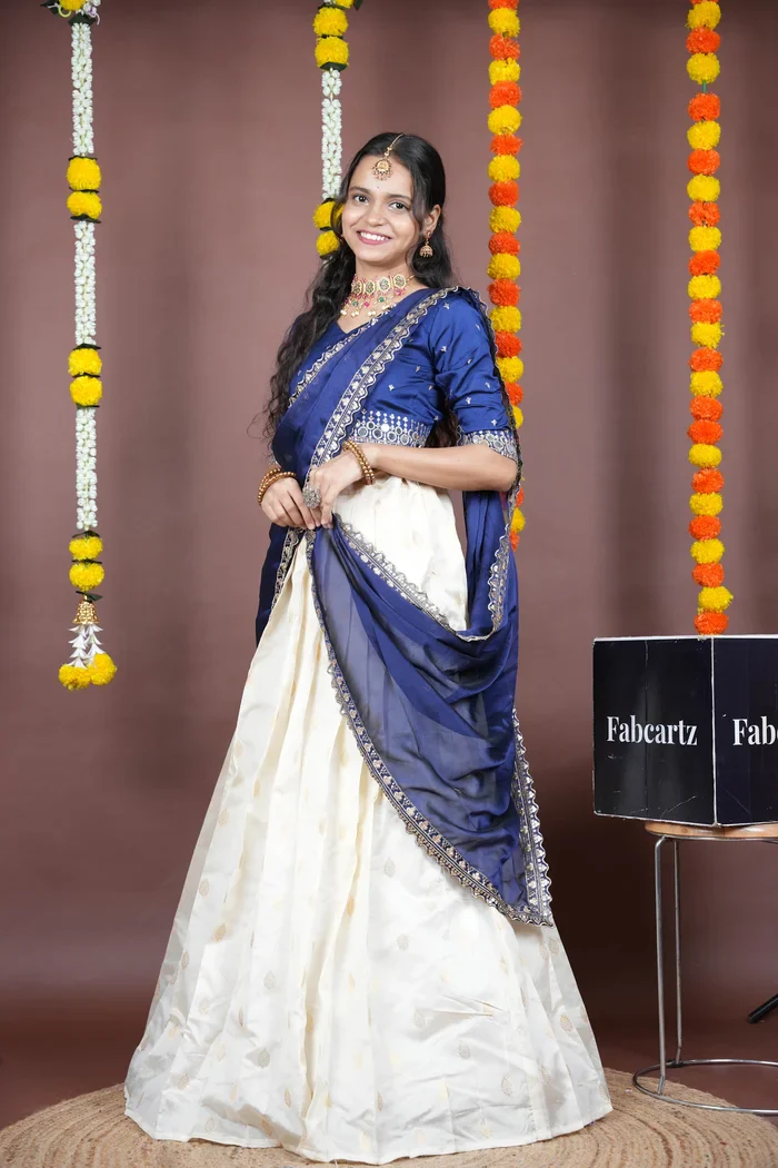 South Indian Festival Traditional Half Saree with Embroidered Blouse & Dupatta Ridhima - Image 27