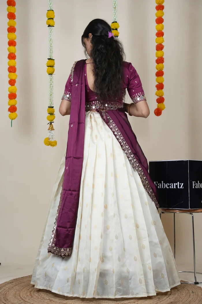 South Indian Festival Traditional Half Saree with Embroidered Blouse & Dupatta Ridhima - Image 32